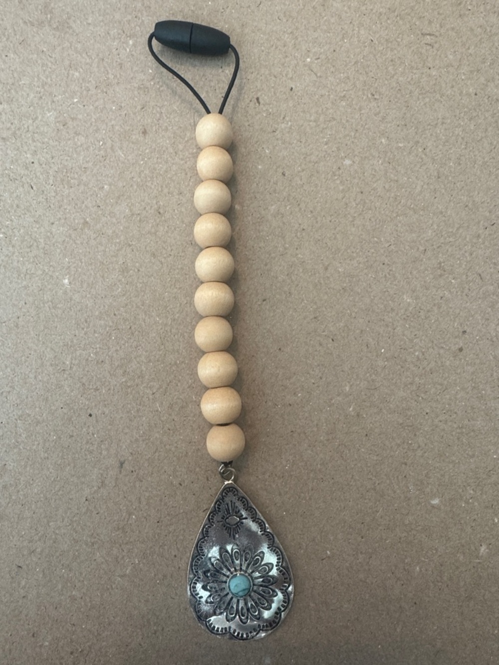 Beaded Wood Strap with Silver - FOR REARVIEW MIRROR